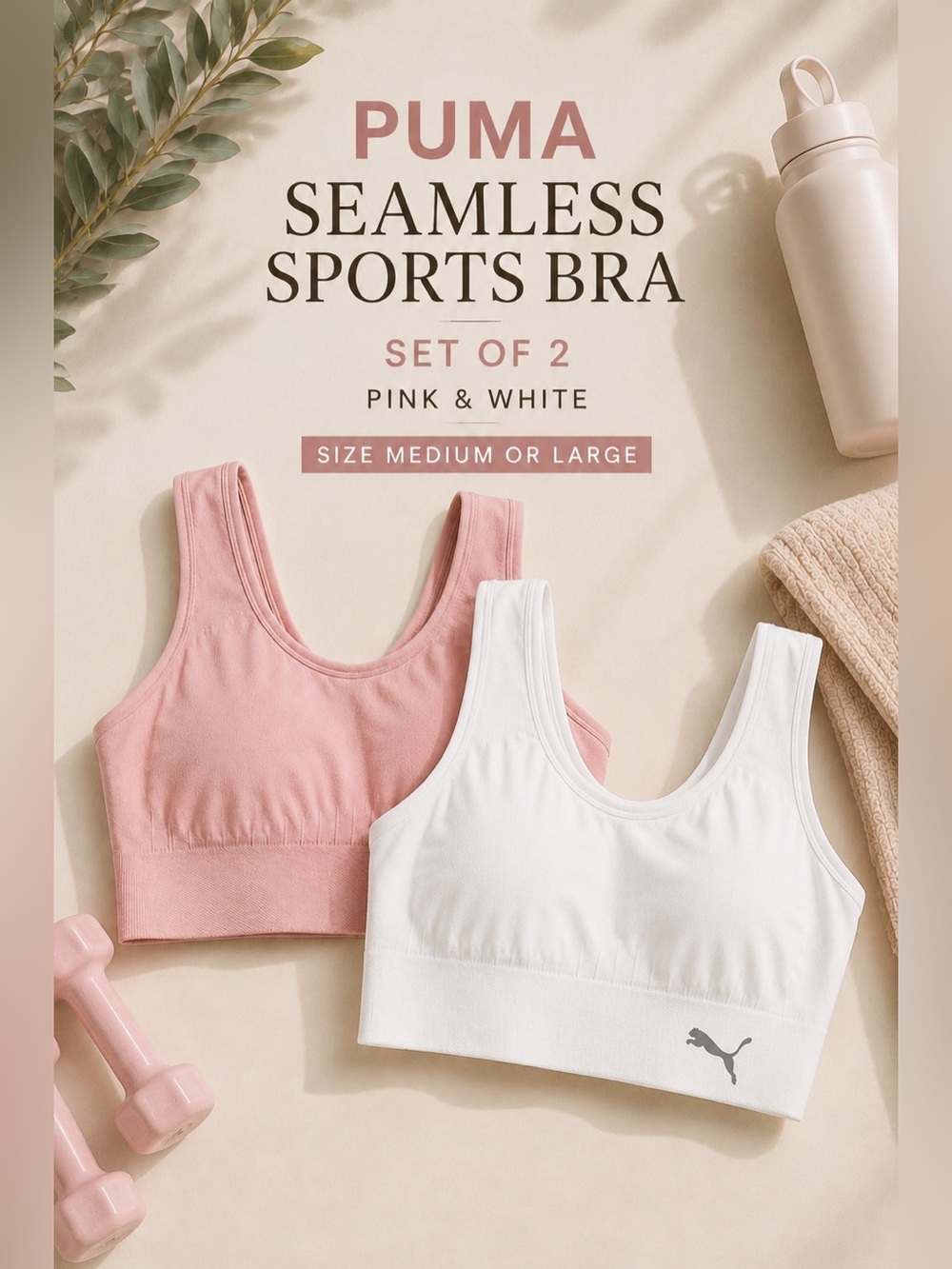Puma Seamless Sports Bra Set of 2 Pink White Size Medium OR Large